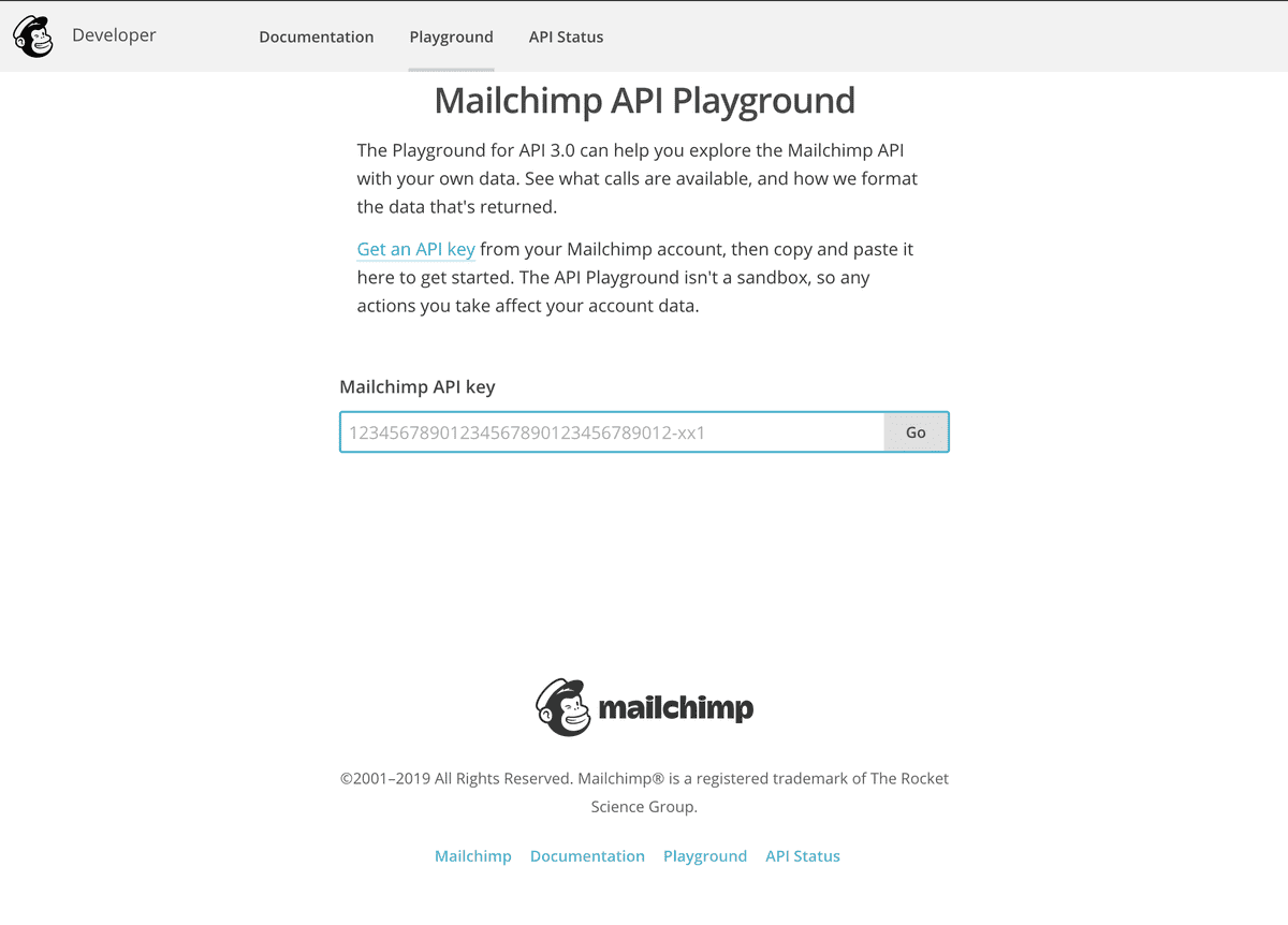 Mailchimp API Playground: Enter API token