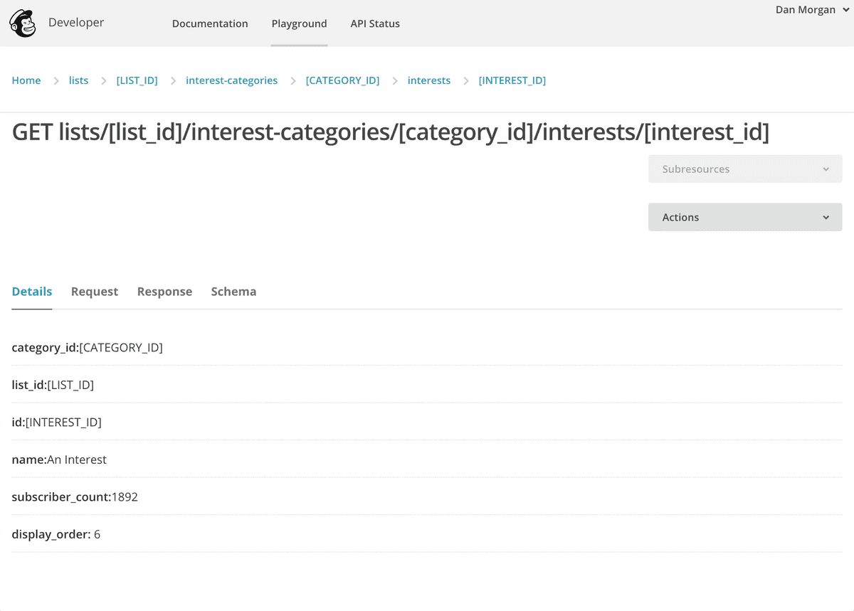 Mailchimp API Playground: Interest detail page